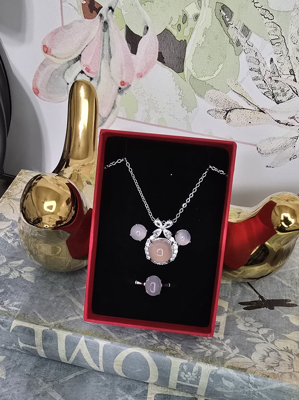 Natural Agate Gemstone In Candy Pink Lavender Earring, Ring, Necklace Set